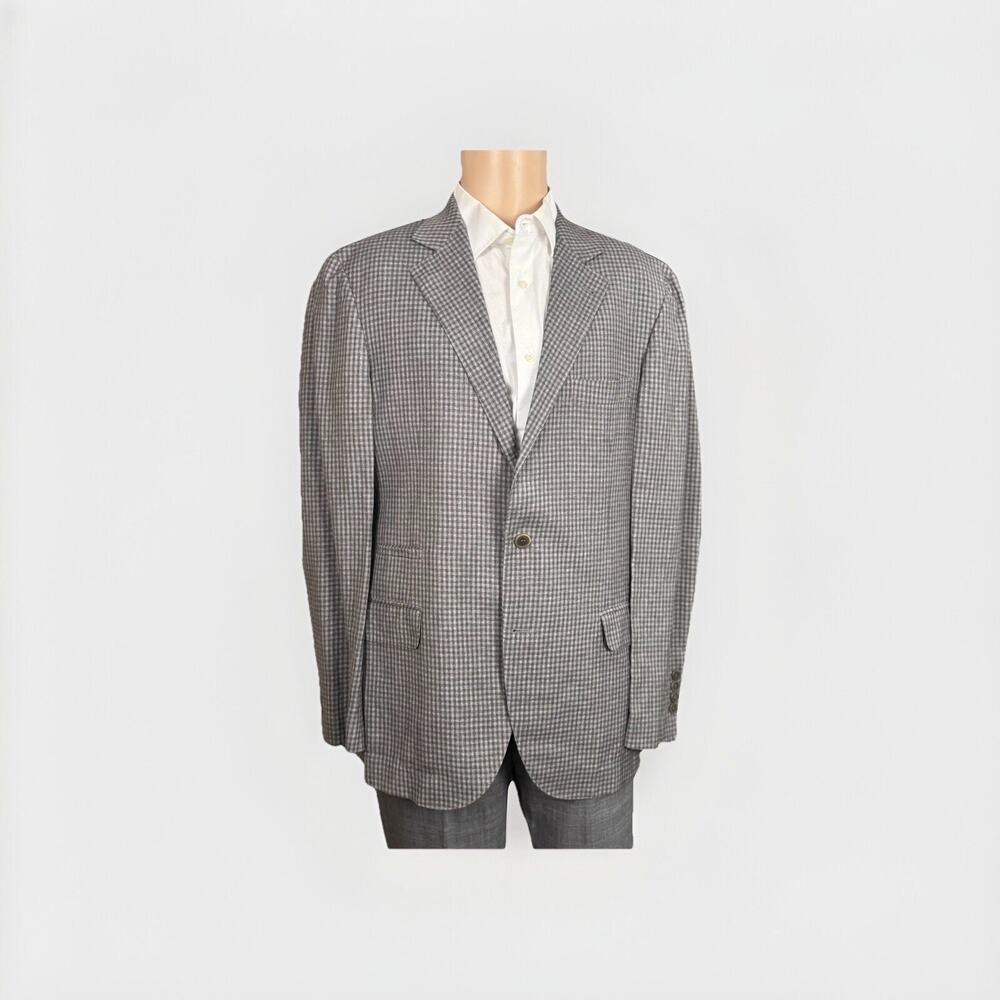 Brunello Cucinelli Linen Wool Silk Gingham Plaid Check Blazer Jacket 52/42 Gray
